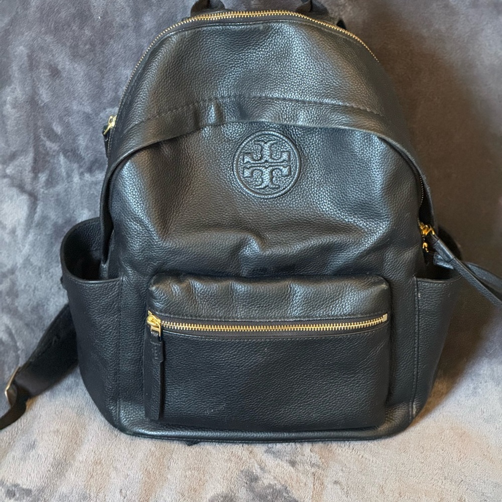 Tory Burch Black Leather Backpack with Gold Accents